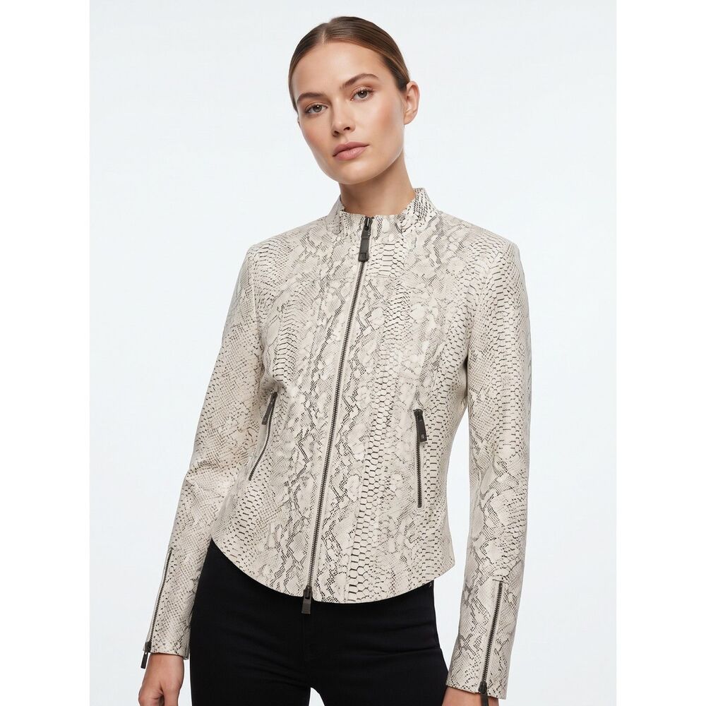 Naked Wardrobe Snakeskin Print Cropped Moto Jacket Small